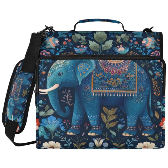 3Ring DRing Binder Bag, Water Resistant Nylon Binder Organizer Portfolio Case, Holds 14Inch Laptop, Large Capacity File Storage Bag for School Office Cartoon Blue Elephant