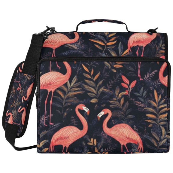 3Ring DRing Binder Bag, Water Resistant Nylon Binder Organizer Portfolio Case, Holds 14Inch Laptop, Large Capacity File Storage Bag for School Office Cute Cartoon Flamingos