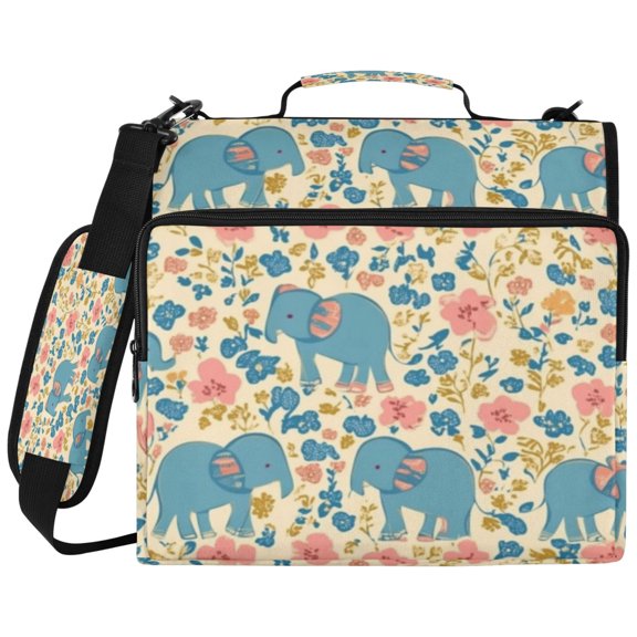3Ring DRing Binder Bag, Water Resistant Nylon Binder Organizer Portfolio Case, Holds 14Inch Laptop, Large Capacity File Storage Bag for School Office Cute Blue Cartoon Elephant