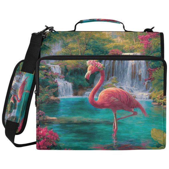 3Ring DRing Binder Bag, Water Resistant Nylon Binder Organizer Portfolio Case, Holds 14Inch Laptop, Large Capacity File Storage Bag for School Office Flamingo