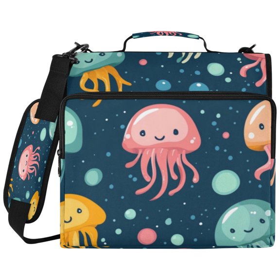 3Ring DRing Binder Bag, Water Resistant Nylon Binder Organizer Portfolio Case, Holds 14Inch Laptop, Large Capacity File Storage Bag for School Office Lovely Colored Jellyfish