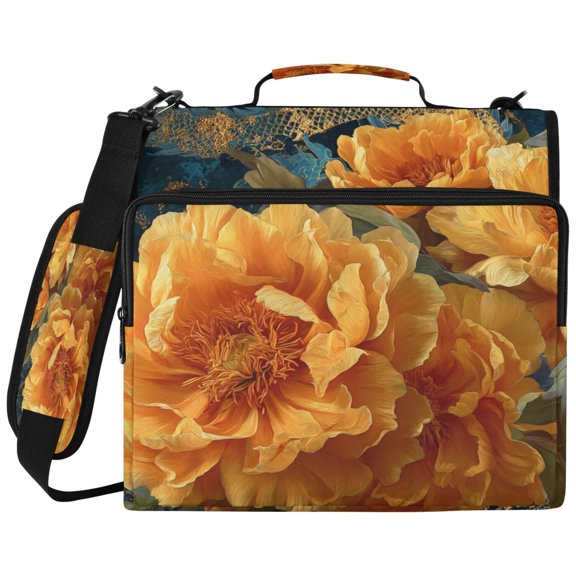 3Ring DRing Binder Bag, Water Resistant Nylon Binder Organizer Portfolio Case, Holds 14Inch Laptop, Large Capacity File Storage Bag for School Office Orange Peony