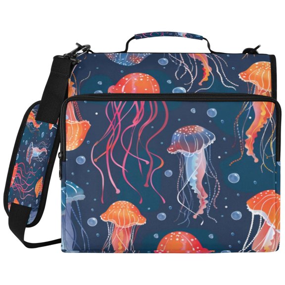 3Ring DRing Binder Bag, Water Resistant Nylon Binder Organizer Portfolio Case, Holds 14Inch Laptop, Large Capacity File Storage Bag for School Office Orange Jellyfish