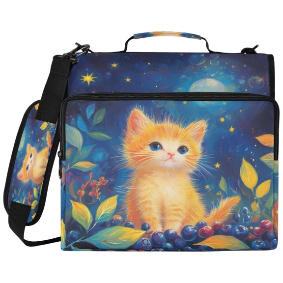 3Ring DRing Binder Bag, Water Resistant Nylon Binder Organizer Portfolio Case, Holds 14Inch Laptop, Large Capacity File Storage Bag for School Office Orange Kitten