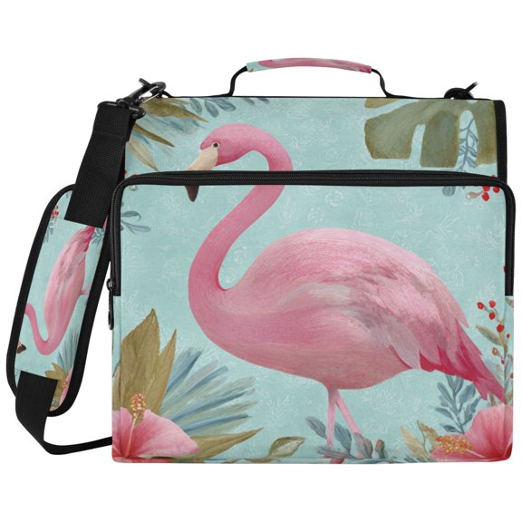 3Ring DRing Binder Bag, Water Resistant Nylon Binder Organizer Portfolio Case, Holds 14Inch Laptop, Large Capacity File Storage Bag for School Office Pink Flamingo