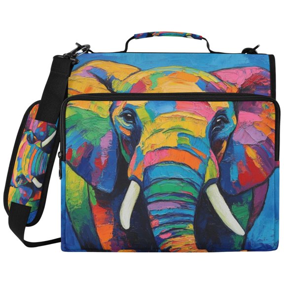 3Ring DRing Binder Bag, Water Resistant Nylon Binder Organizer Portfolio Case, Holds 14Inch Laptop, Large Capacity File Storage Bag for School Office Rainbow Cute Elephant