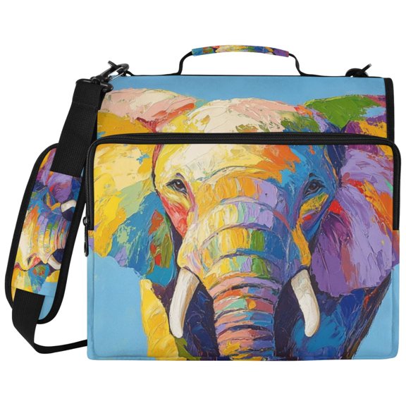 3Ring DRing Binder Bag, Water Resistant Nylon Binder Organizer Portfolio Case, Holds 14Inch Laptop, Large Capacity File Storage Bag for School Office Rainbow Elephant Pattern