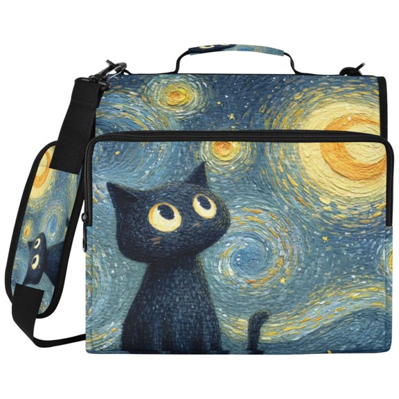 3Ring DRing Binder Bag, Water Resistant Nylon Binder Organizer Portfolio Case, Holds 14Inch Laptop, Large Capacity File Storage Bag for School Office Starry Night Black Cat