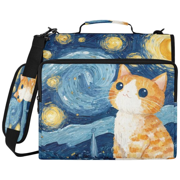 3Ring DRing Binder Bag, Water Resistant Nylon Binder Organizer Portfolio Case, Holds 14Inch Laptop, Large Capacity File Storage Bag for School Office Starry Night Cute Cat