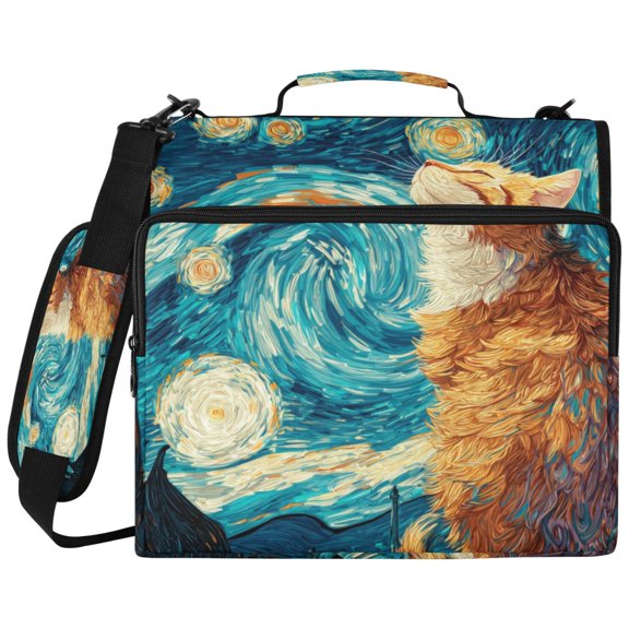 3Ring DRing Binder Bag, Water Resistant Nylon Binder Organizer Portfolio Case, Holds 14Inch Laptop, Large Capacity File Storage Bag for School Office Starry Night Cat