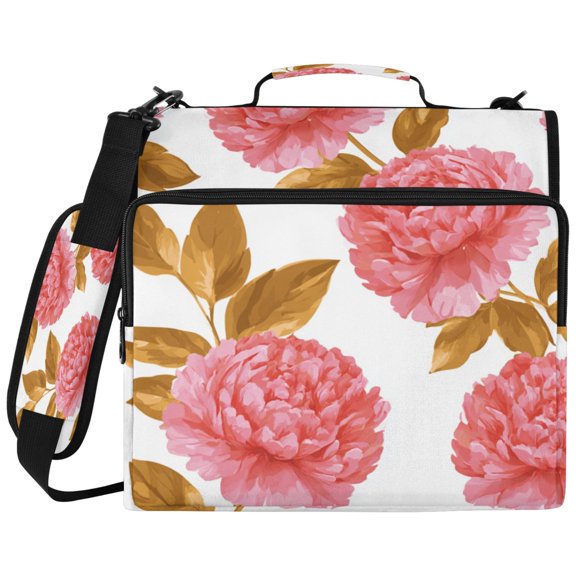 3Ring DRing Binder Bag, Water Resistant Nylon Binder Organizer Portfolio Case, Holds 14Inch Laptop, Large Capacity File Storage Bag for School Office Vintage Pink Peonies