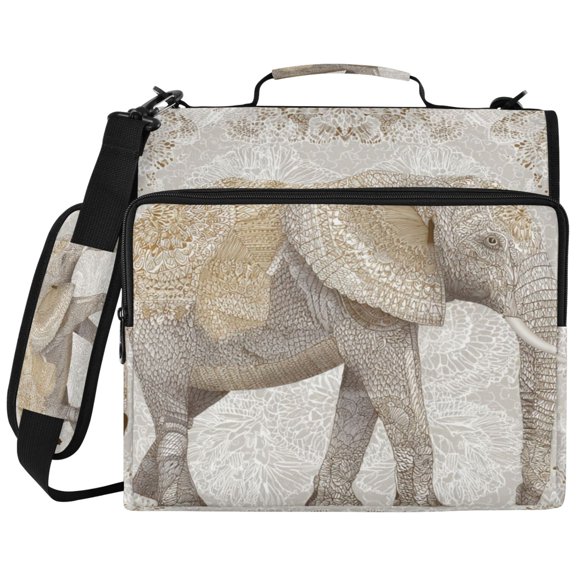 3Ring DRing Binder Bag, Water Resistant Nylon Binder Organizer Portfolio Case, Holds 14Inch Laptop, Large Capacity File Storage Bag for School Office Wise Elephant Illustration