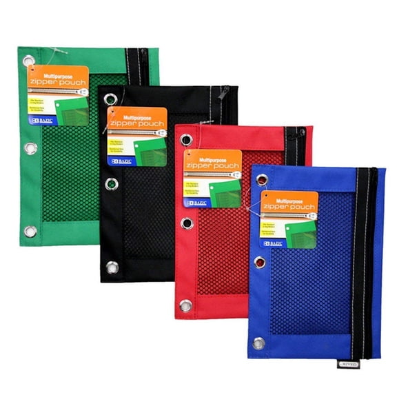 3-Ring Double Zipper Pencil Pouch with a Mesh Window, Black - Enday