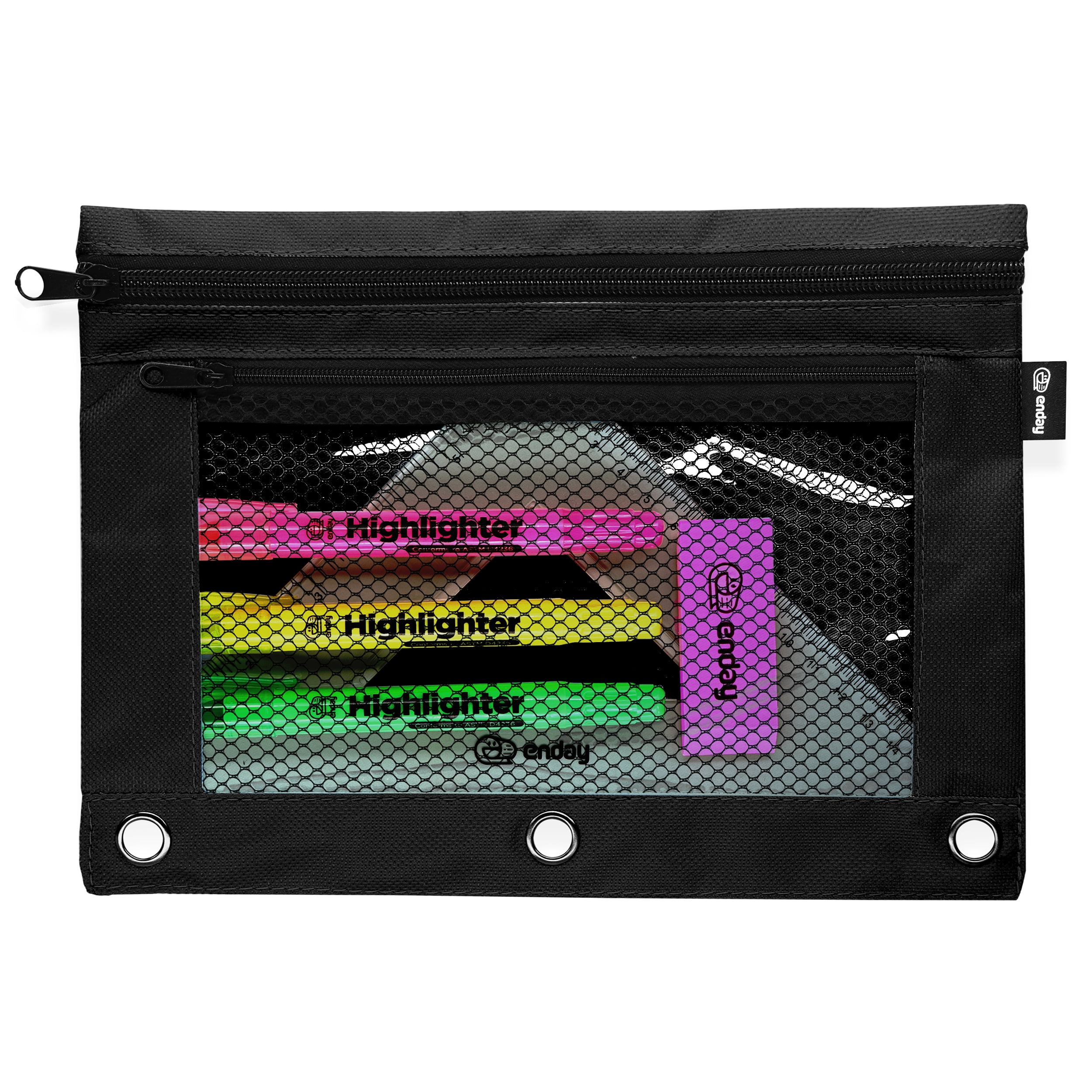 BANGKIT USA 3-Ring Double Zipper Pencil Pouch with a Mesh Window, Black - Enday