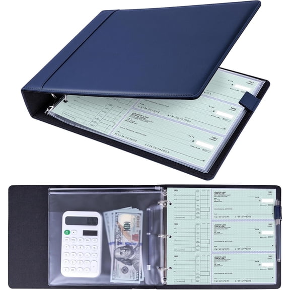 3 Ring Personal Check Binder for 3--a-Page End-Stub Deskbook & Personal 3 Holes or 9 Holes Small Size Checks, PU Leather Check Holder Checkbook Binder Cover with Zipper Pouch, Navy Blue