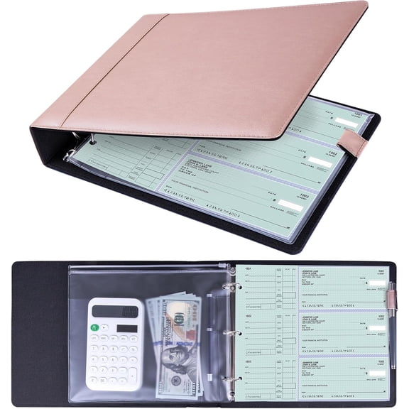 3 Ring Personal Check Binder for 3-on-a-Page End-Stub Deskbook & Personal 3 Holes or 9 Holes Small Size Checks, PU Leather Check Holder Checkbook Binder Cover with Zipper Pouch, Rose Gold