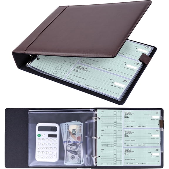 3 Ring Personal Check Binder for 3-on-a-Page End-Stub Deskbook & Personal 3 Holes or 9 Holes Small Size Checks, PU Leather Checkbook Holder with Zipper Pouch, Coffee