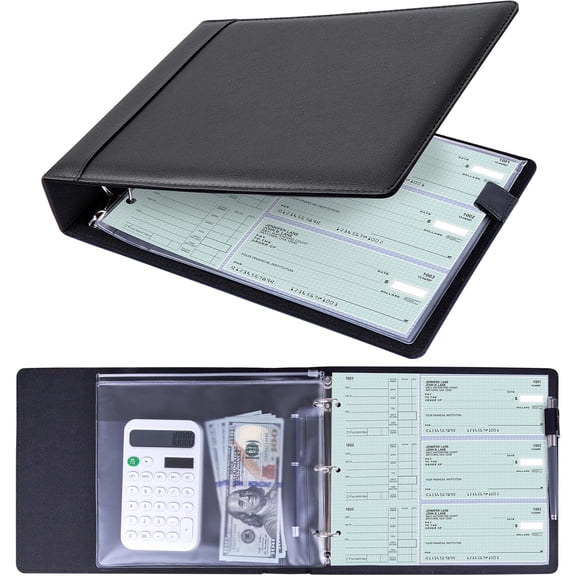 3 Ring Personal Check Binder for 3-on-a-Page End-Stub Deskbook & Holes or 9 Small Size Checks, PU Leather Holder Checkbook Cover with Zipper Pouch,
