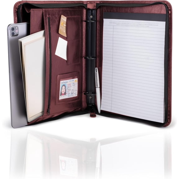 3-Ring Portfolio Binder with Zipper | 1.25" Faux Leather Padfolio Binder for Women & Men | Professional Business Portfolio Folder with Writing Pad, Gusseted File Pocket, ID Window (Burgundy)