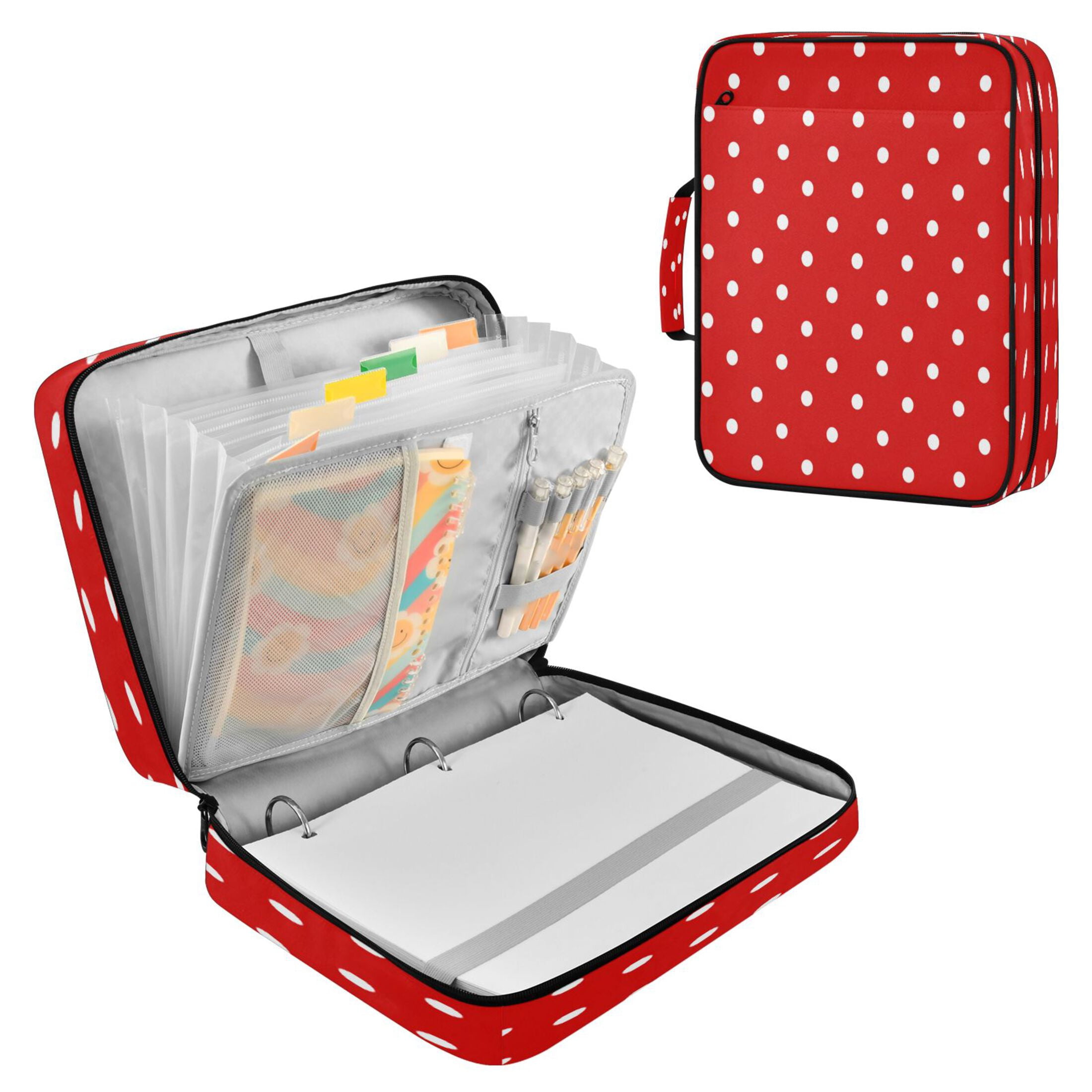 3 Ring Zipper Binder with Accordion File Organizer Waterproof Back to College Binder - 7 Layer Document Organizer for Study Home Office College Travel Supplies Red White Mini Polka