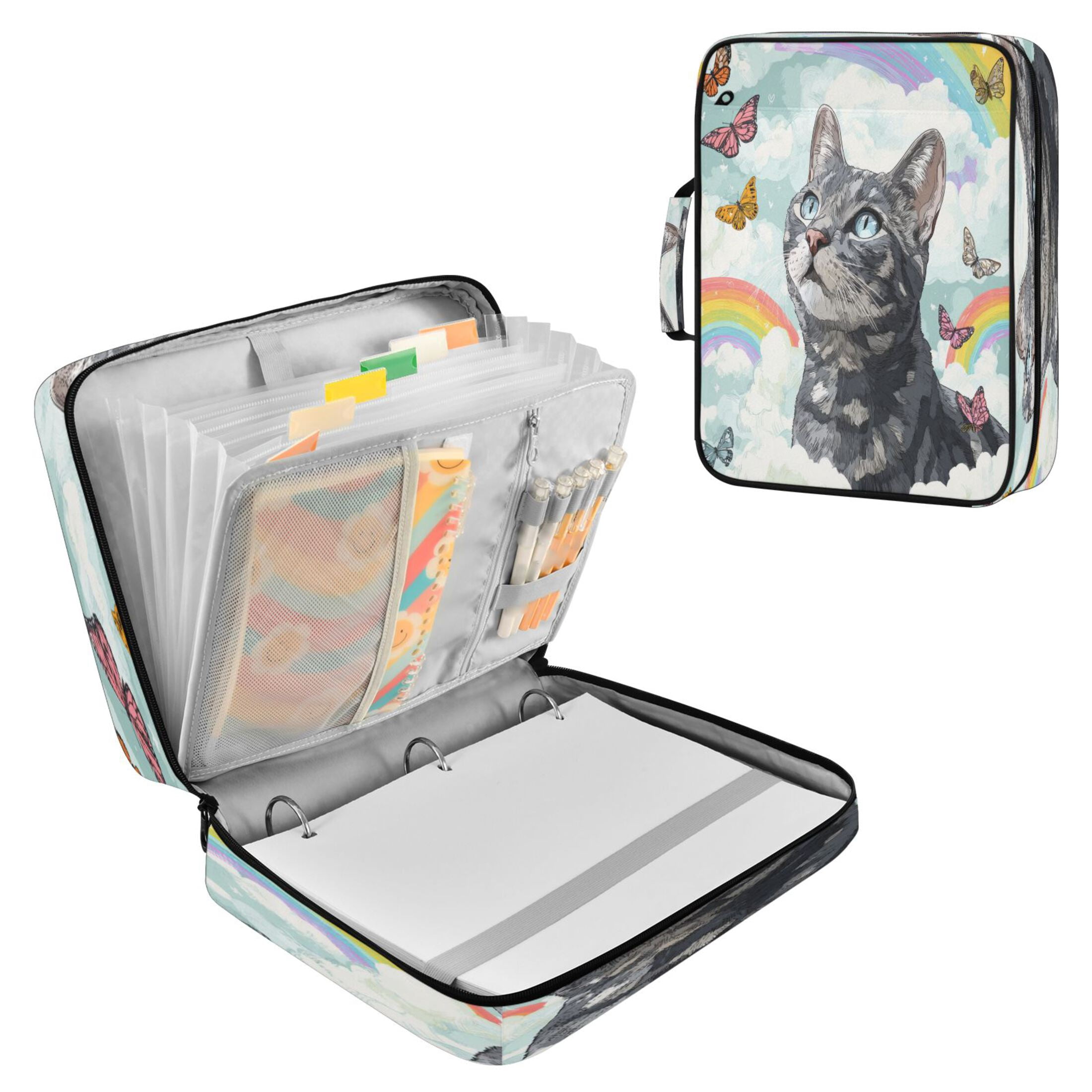 3 Ring Zipper Binder with Accordion File Organizer Waterproof Back to College Binder - 7 Layer Document Organizer for Study Home Office College Travel Supplies Colorful Butterflies