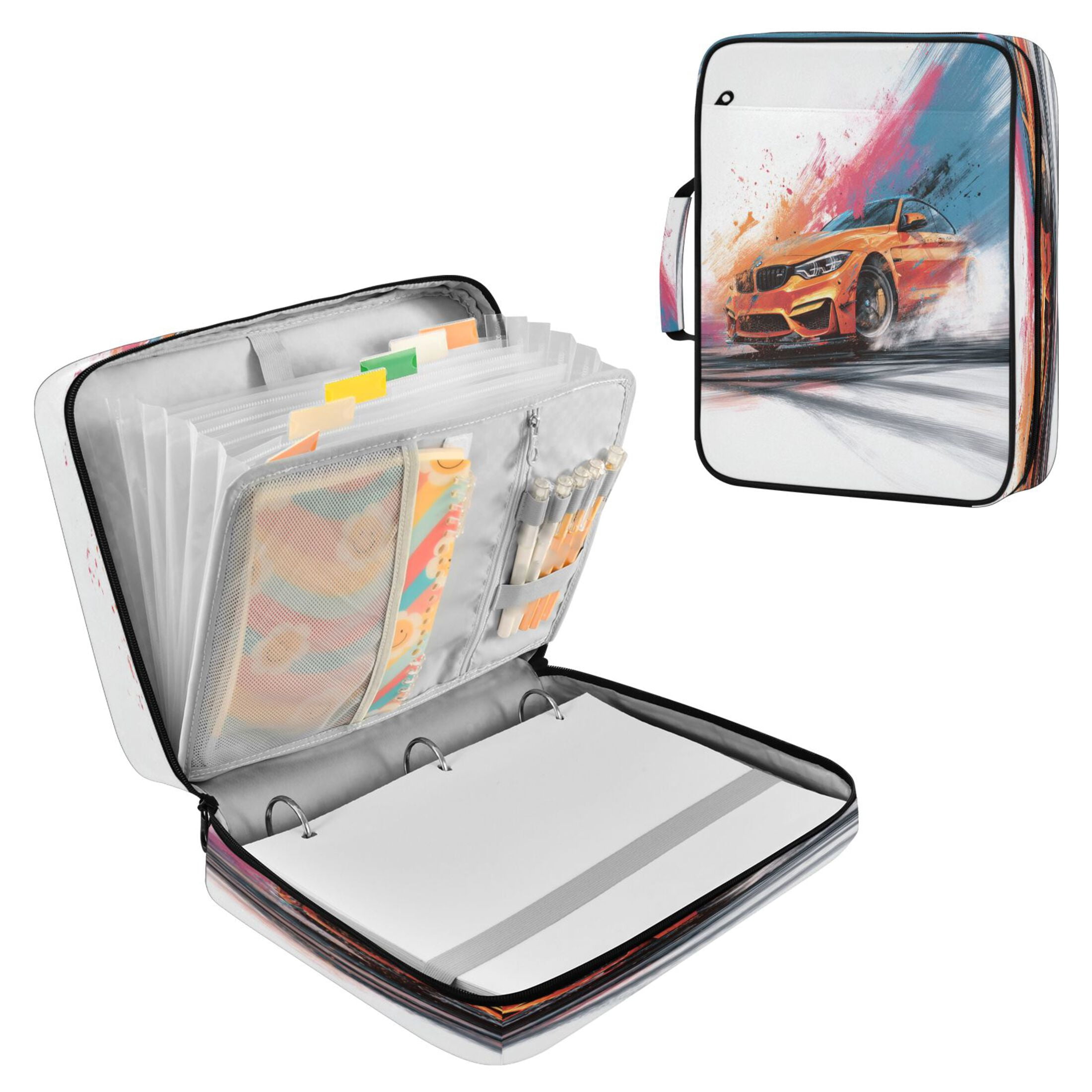 3 Ring Zipper Binder with Accordion File Organizer Waterproof Back to College Binder - 7 Layer Document Organizer for Study Home Office College Travel Supplies Orange Cool Car