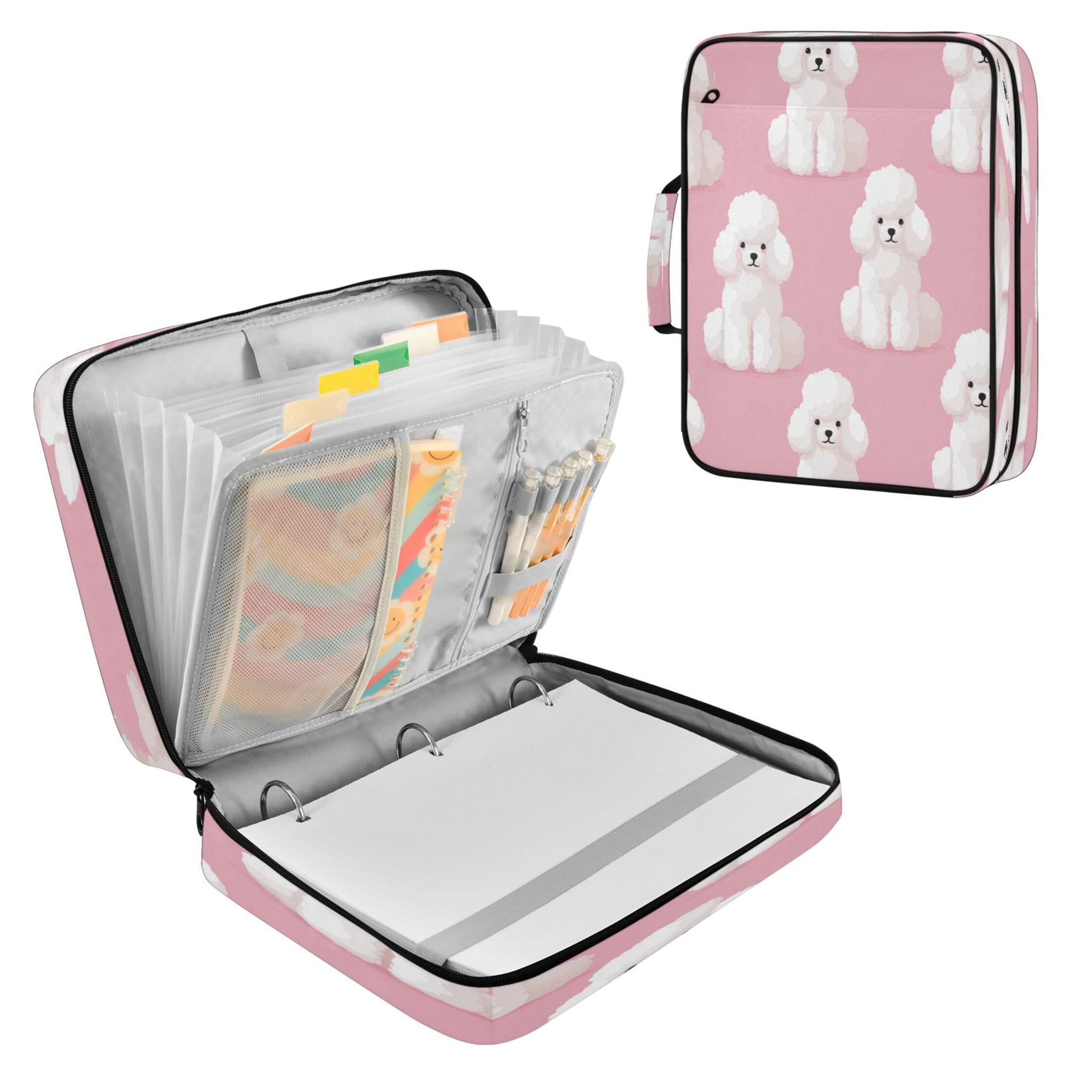 3 Ring Zipper Binder with Accordion File Organizer Waterproof Back to College Binder - 7 Layer Document Organizer for Study Home Office College Travel Supplies White Poodles