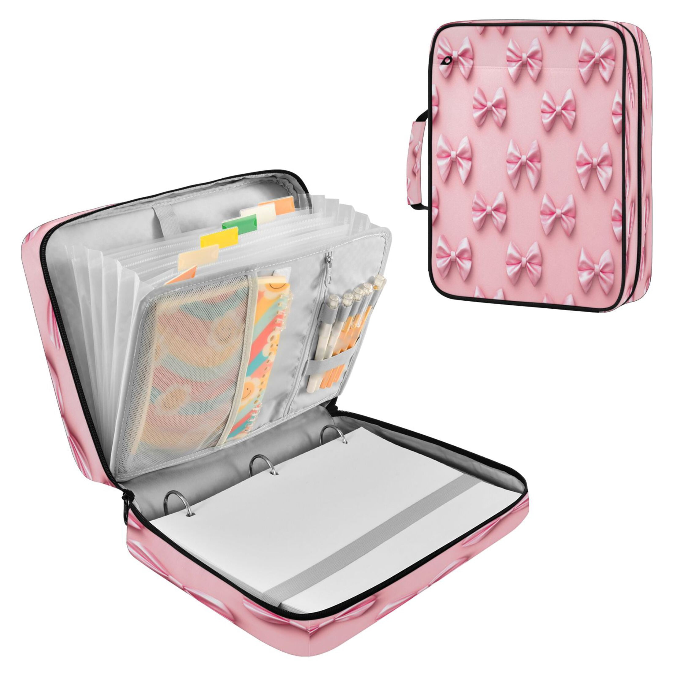 3 Ring Zipper Binder with Accordion File Organizer Waterproof Back to College Binder - 7 Layer Document Organizer for Study Home Office College Travel Supplies Pink Simple Bows