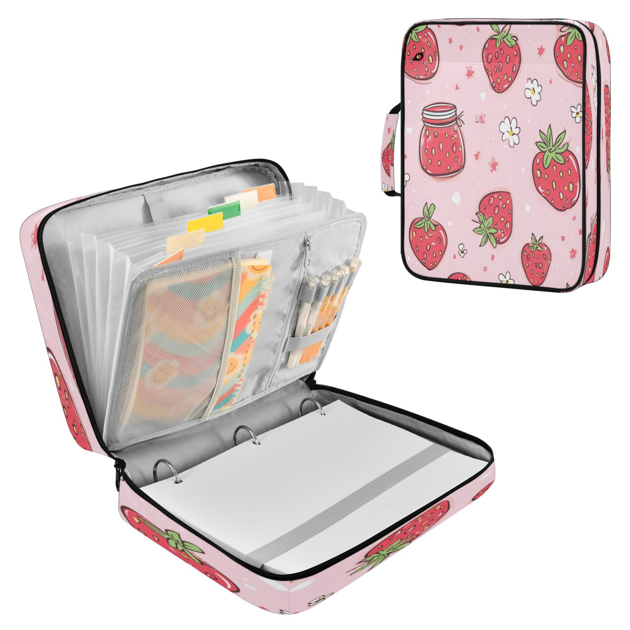 3 Ring Zipper Binder with Accordion File Organizer Waterproof Back to College Binder - 7 Layer Document Organizer for Study Home Office College Travel Supplies Strawberries