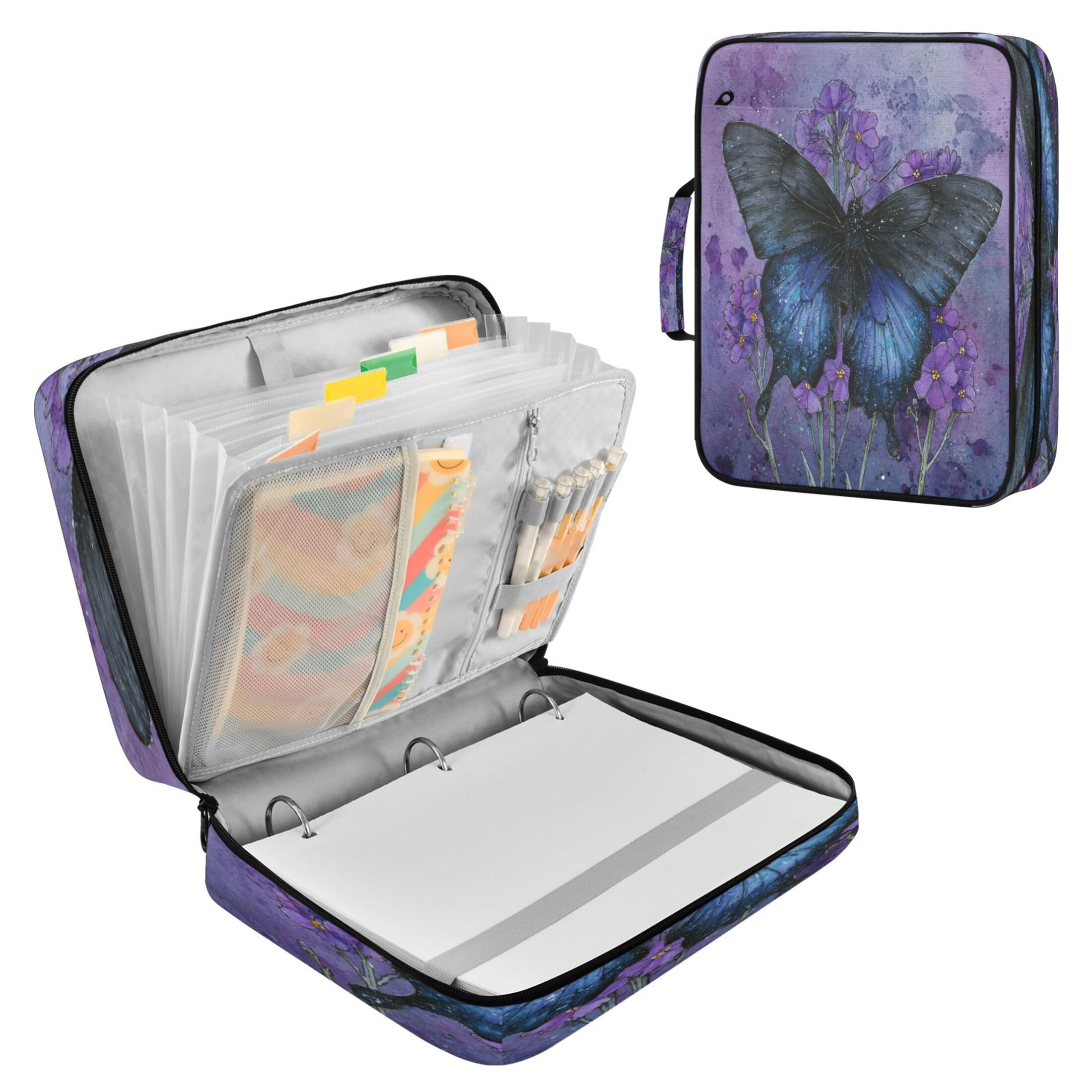 3 Ring Zipper Binder with Accordion File Organizer Waterproof Back to College Binder - 7 Layer Document Organizer for Study Home Office College Travel Supplies Black Blue Butterfly