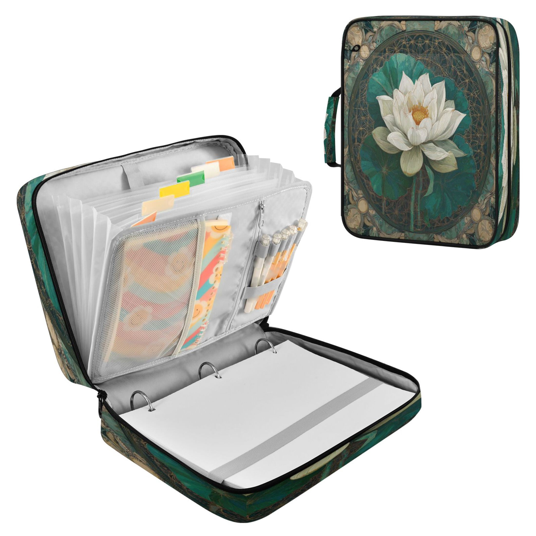 3 Ring Zipper Binder with Accordion File Organizer Waterproof Back to College Binder - 7 Layer Document Organizer for Study Home Office College Travel Supplies Artistic White Lotus
