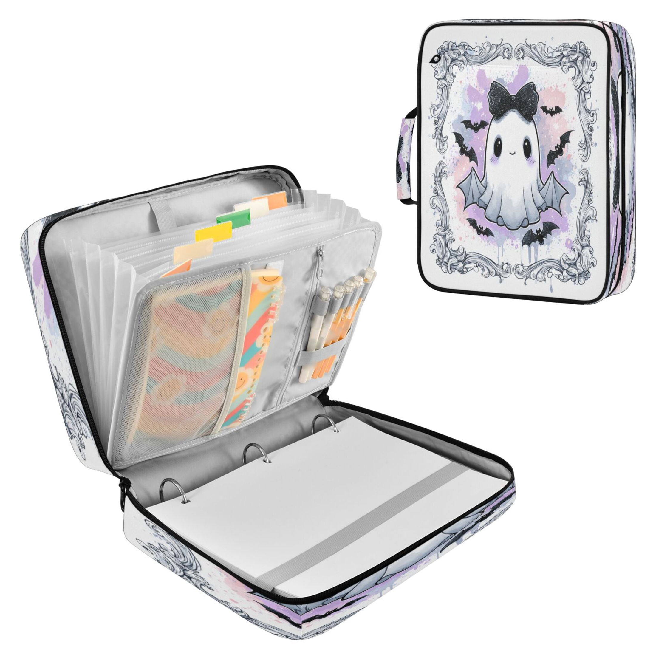 3 Ring Zipper Binder with Accordion File Organizer Waterproof Back to College Binder - 7 Layer Document Organizer for Study Home Office College Travel Supplies Cute Black Bow Ghost