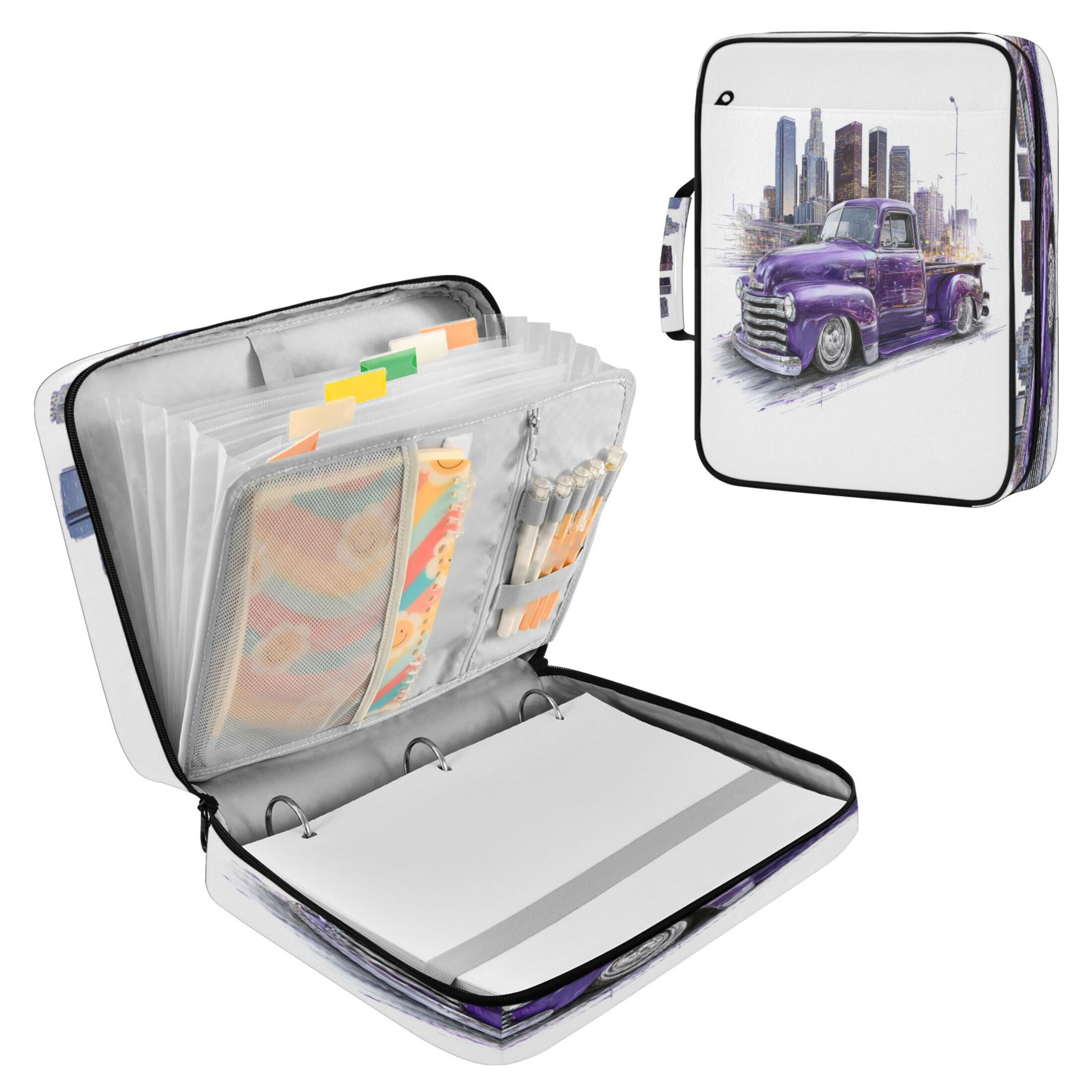 3 Ring Zipper Binder with Accordion File Organizer Waterproof Back to College Binder - 7 Layer Document Organizer for Study Home Office College Travel Supplies Vintage Purple Truck