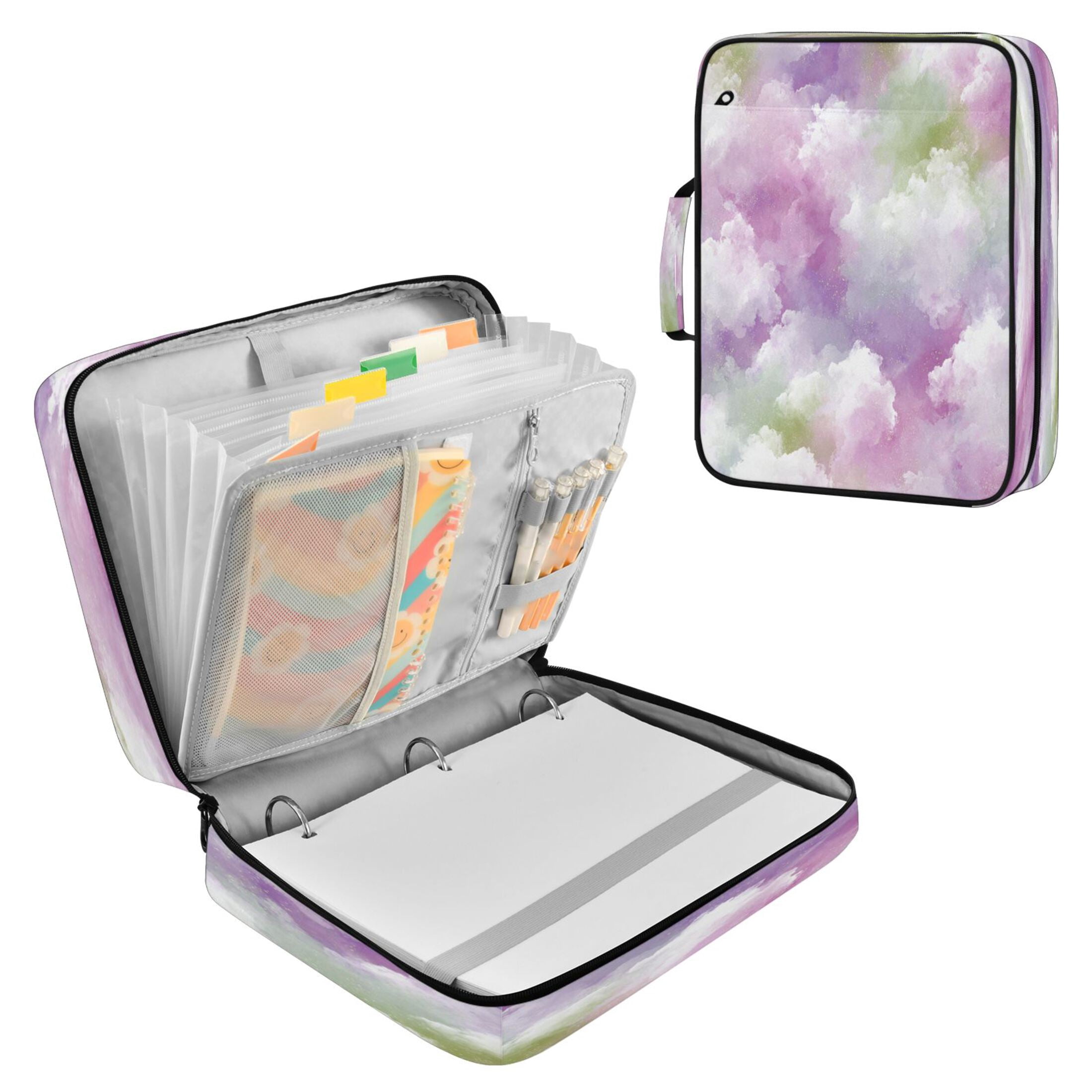 3 Ring Zipper Binder with Accordion File Organizer Waterproof Back to College Binder - 7 Layer Document Organizer for Study Home Office College Travel Supplies Soft Cloud Glimmer