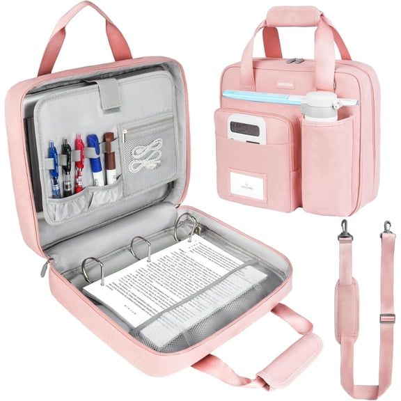 3 Ring Zipper Binder Bag, 3 Inch D-Ring 700 Sheet Capacity, Portable File Organizer with Removable Shoulder Strap & Multiple Pockets for Office Travel,Pink