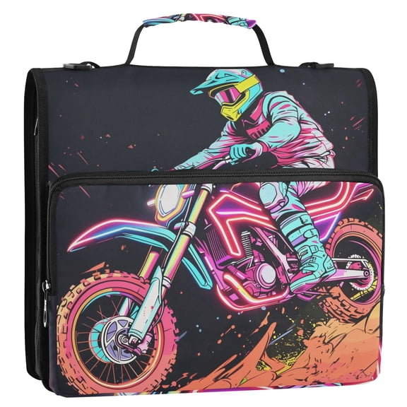 3 Ring Zipper Binder Neon Rider Dirt Bike with Strap 2 inch 500 Sheet Capacity File Folder Storage Organizer