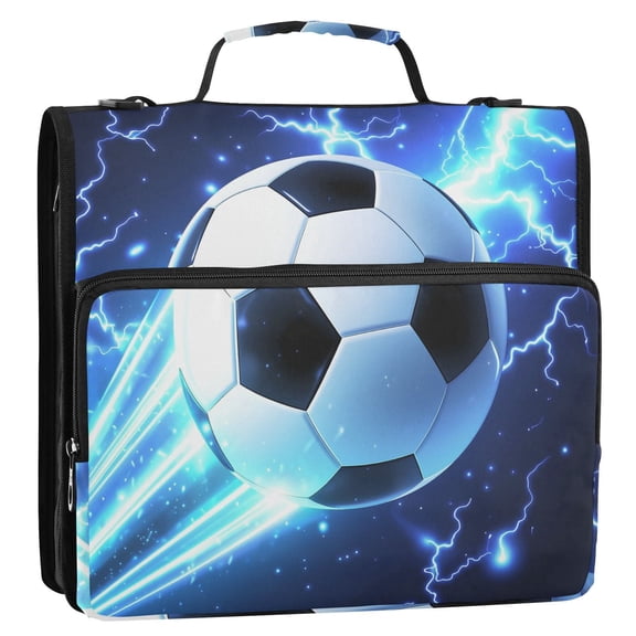 3 Ring Zipper Binder Soccer Ball Lightning with Strap 2 inch 500 Sheet Capacity File Folder Storage Organizer