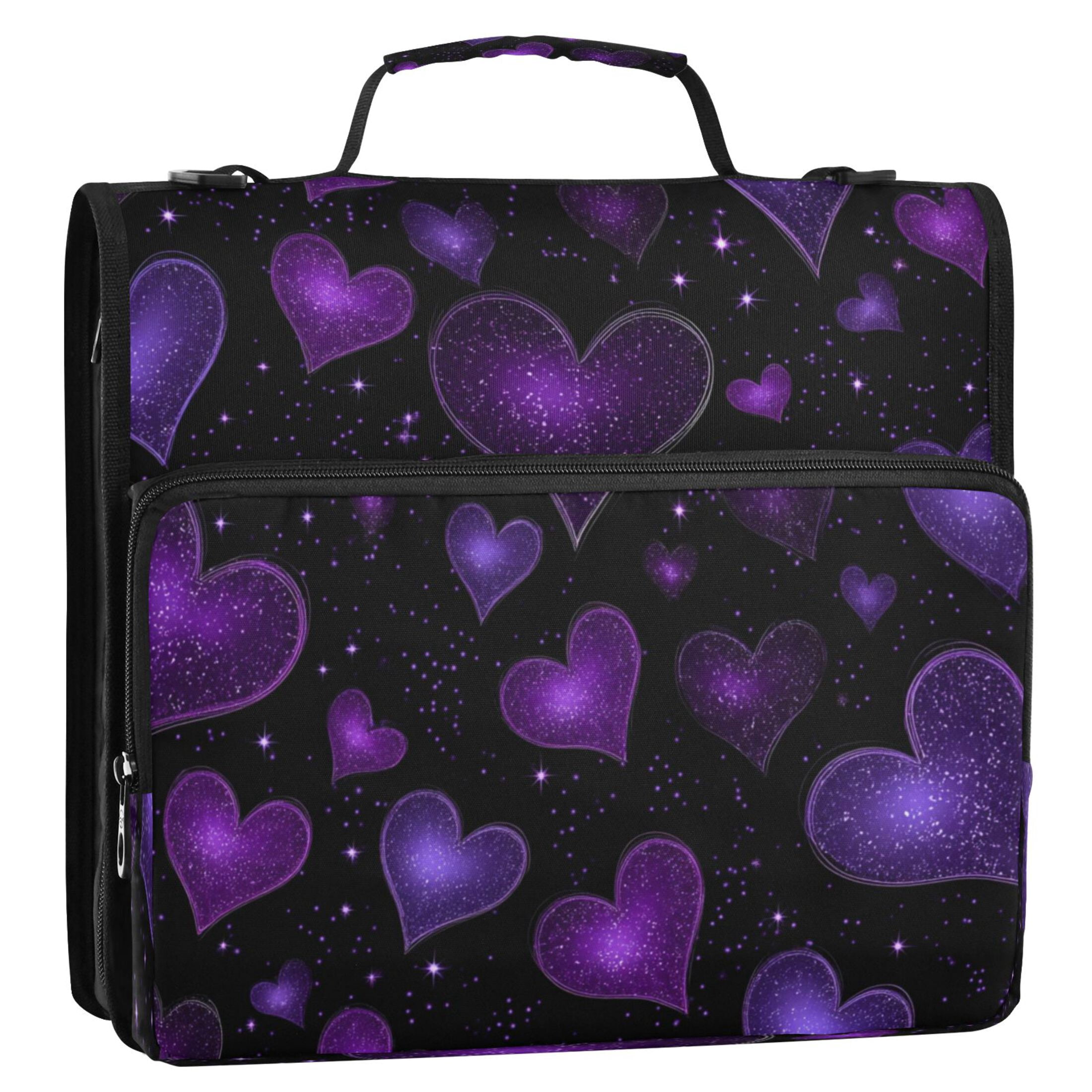 3 Ring Zipper Binder Stationery Organizer for Study Work Home Travel, All-Purpose File Folder Storage Bag for Daily Document Organization Amethyst Diamond Hearts