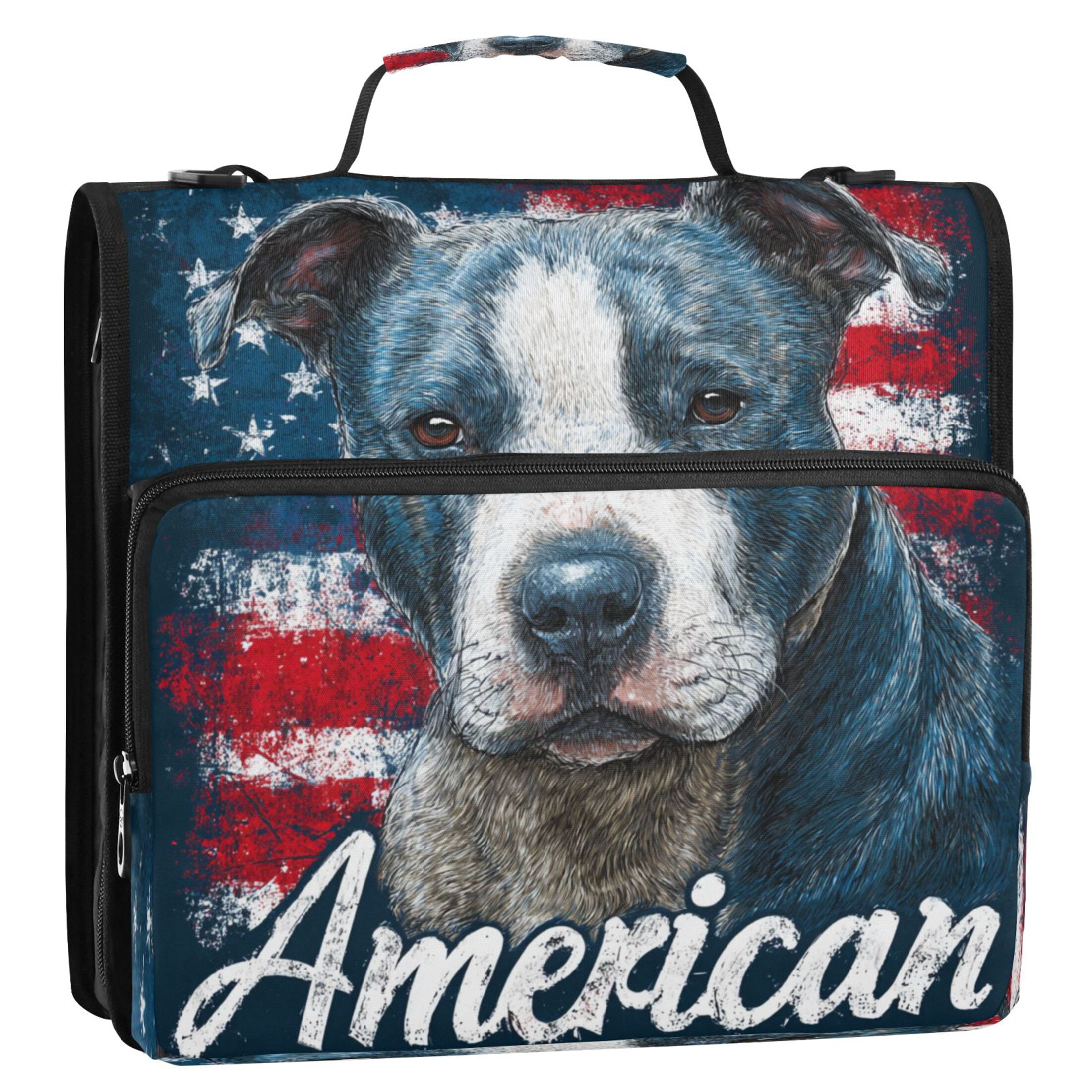 3 Ring Zipper Binder Stationery Organizer for Study Work Home Travel, All-Purpose File Folder Storage Bag for Daily Document Organization Bold Patriotic Pit Bull Print