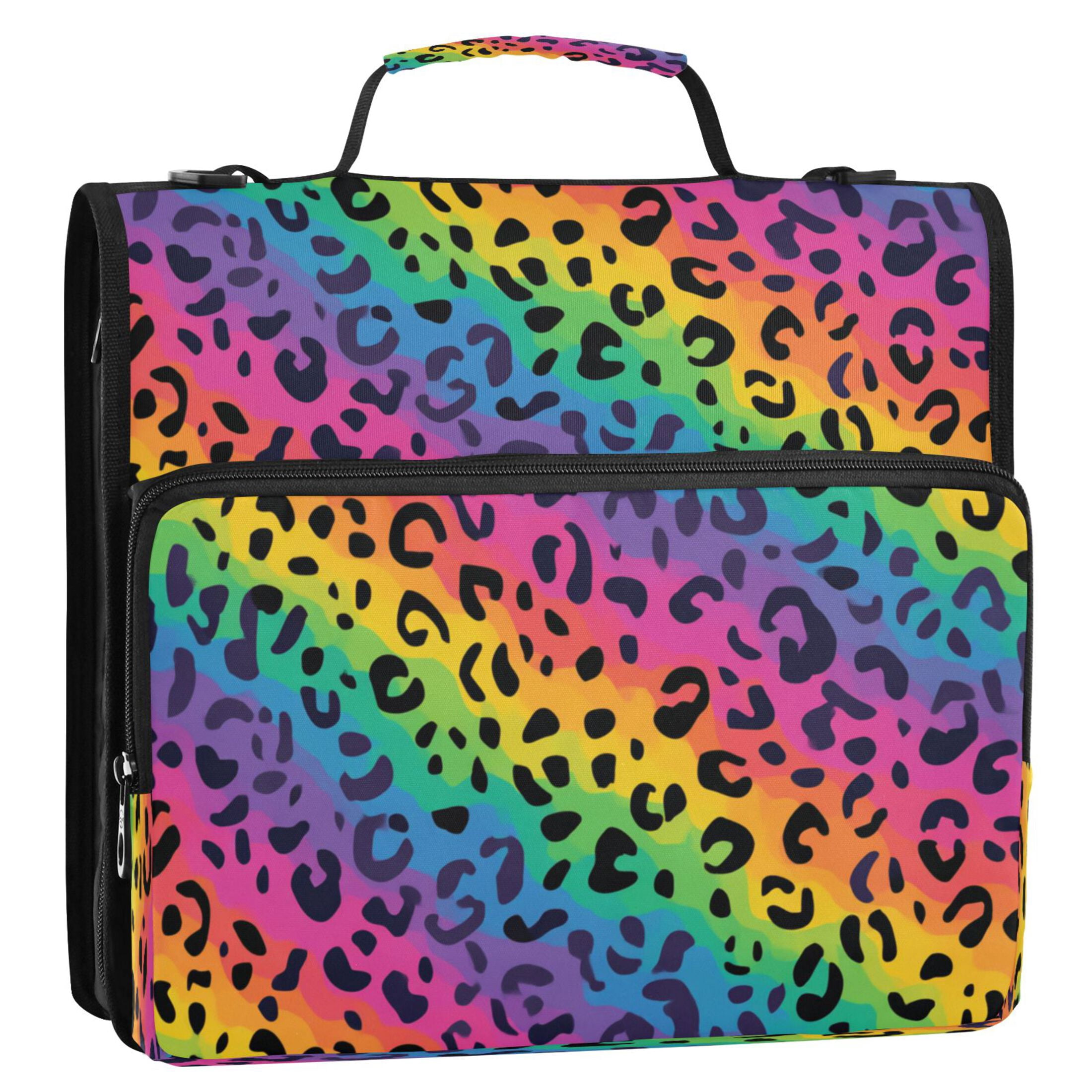 3 Ring Zipper Binder Stationery Organizer for Study Work Home Travel, All-Purpose File Folder Storage Bag for Daily Document Organization Bright Rainbow Stripe Cheetah Print