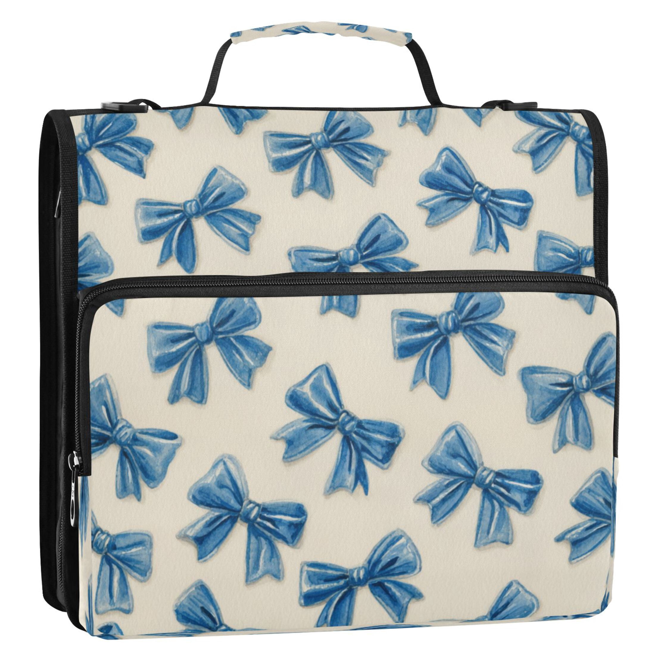3 Ring Zipper Binder Stationery Organizer for Study Work Home Travel, All-Purpose File Folder Storage Bag for Daily Document Organization Classic Blue Bow Pattern