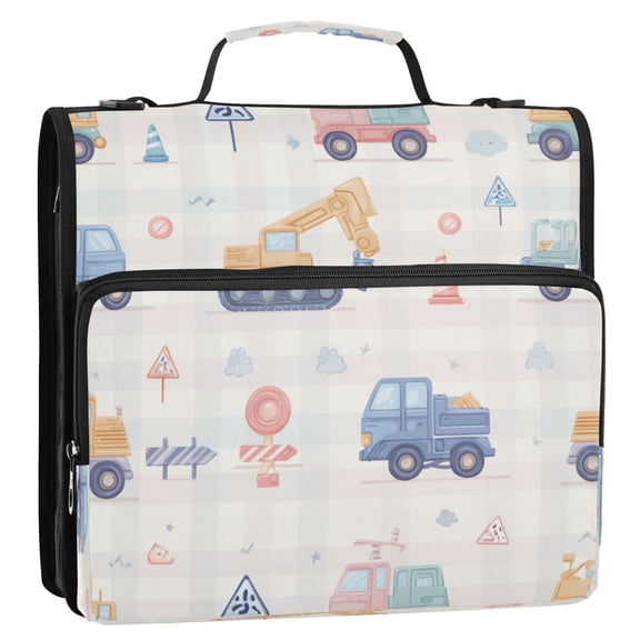 3 Ring Zipper Binder Stationery Organizer for Study Work Home Travel, All-Purpose File Folder Storage Bag for Daily Document Organization Cute Construction Vehicles Pattern