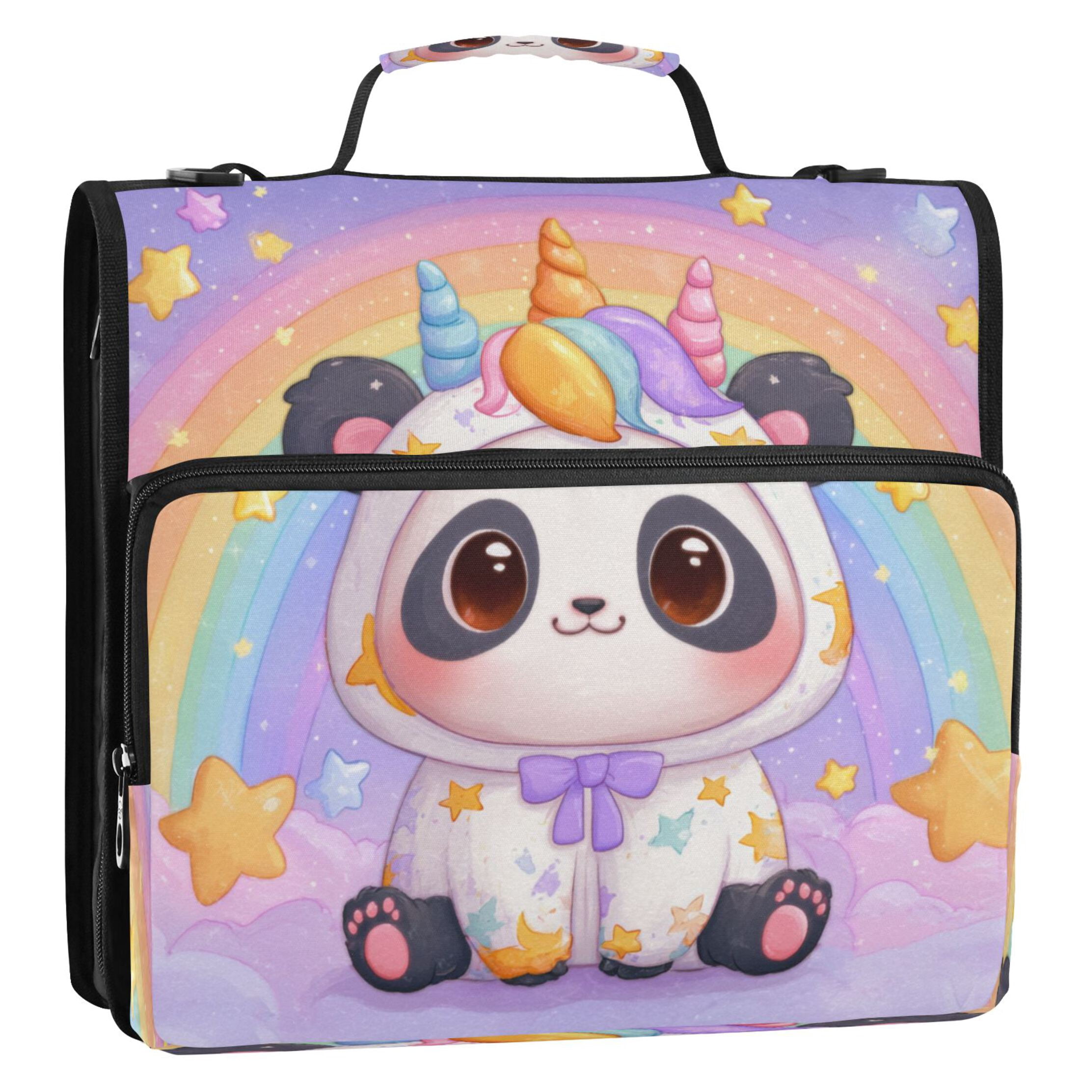3 Ring Zipper Binder Stationery Organizer for Study Work Home Travel, All-Purpose File Folder Storage Bag for Daily Document Organization Cute Panda in Unicorn Onesie