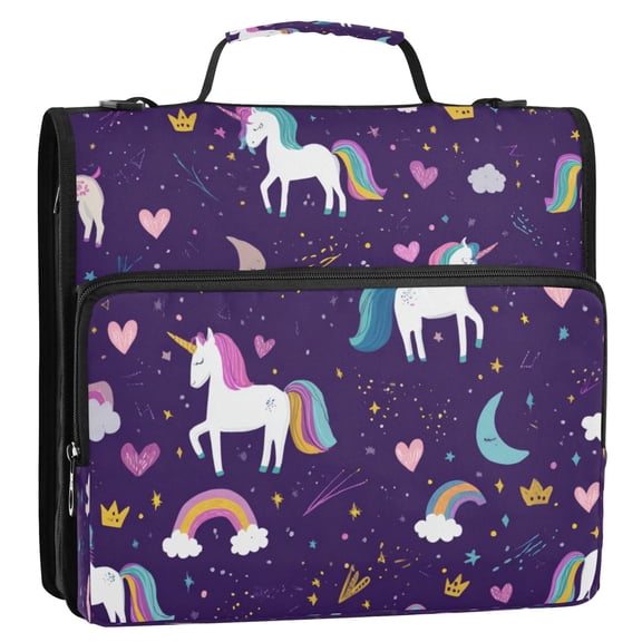 3 Ring Zipper Binder Stationery Organizer for Study Work Home Travel, All-Purpose File Folder Storage Bag for Daily Document Organization Dark Purple Unicorn Print