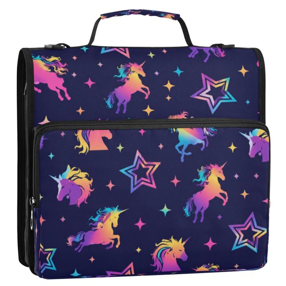 3 Ring Zipper Binder Stationery Organizer for Study Work Home Travel, All-Purpose File Folder Storage Bag for Daily Document Organization Fantasy Unicorn Star Pattern