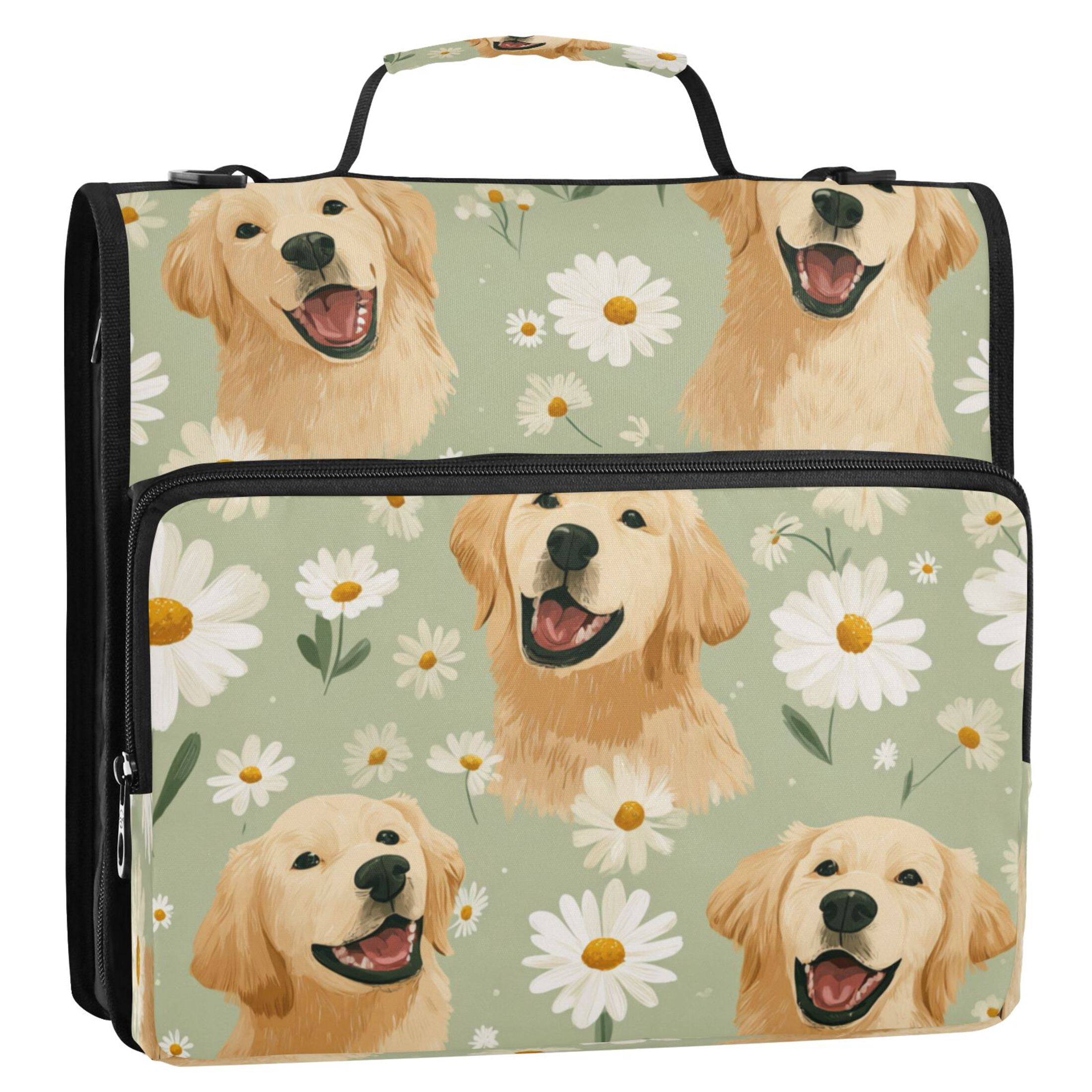 3 Ring Zipper Binder Stationery Organizer for Study Work Home Travel, All-Purpose File Folder Storage Bag for Daily Document Organization Golden Daisy Pup Pattern
