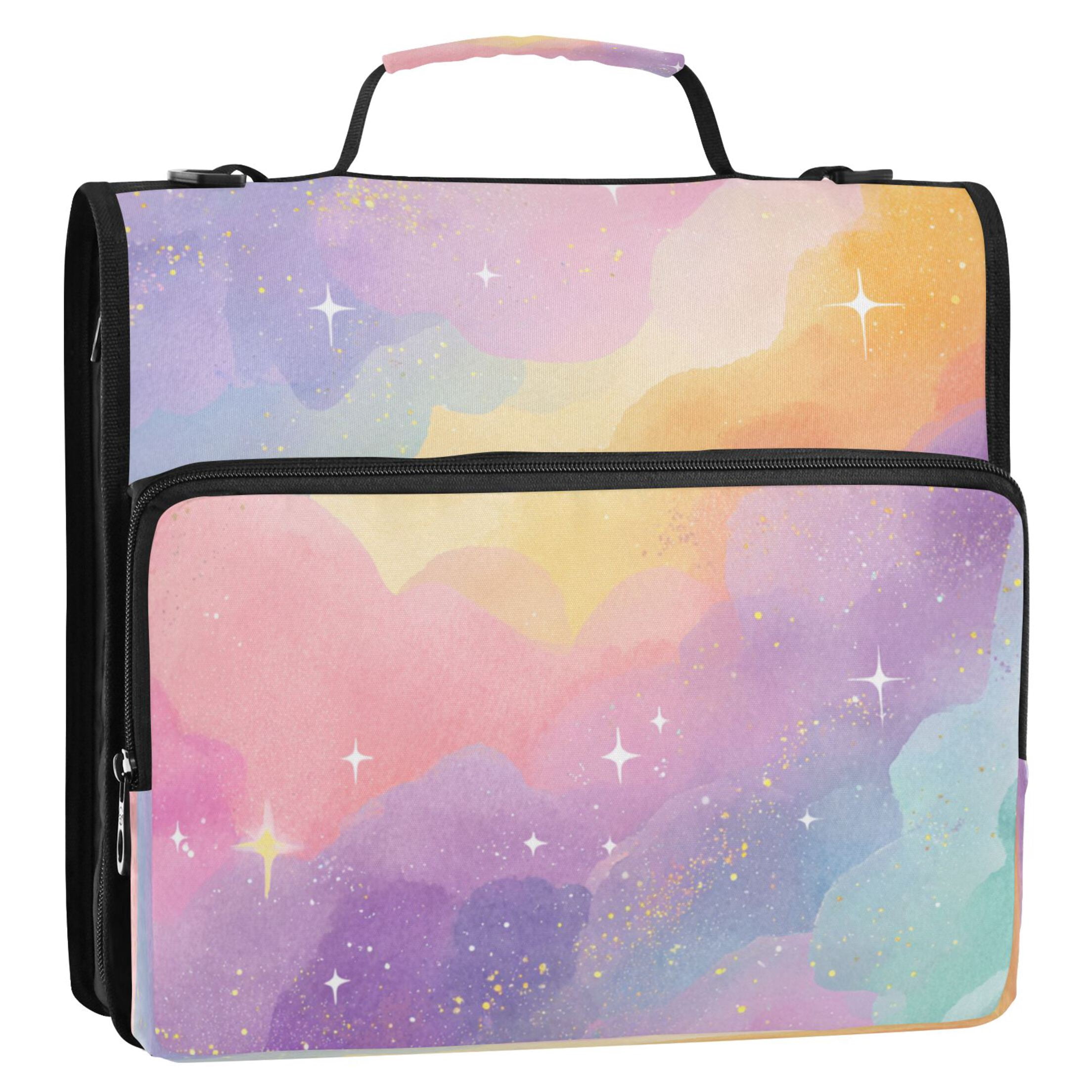 3 Ring Zipper Binder Stationery Organizer for Study Work Home Travel, All-Purpose File Folder Storage Bag for Daily Document Organization Golden Glitter Cloudscape