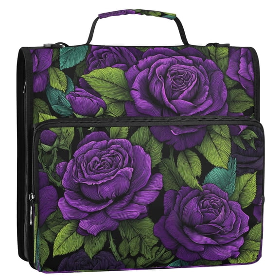 3 Ring Zipper Binder Stationery Organizer for Study Work Home Travel, All-Purpose File Folder Storage Bag for Daily Document Organization Gothic Dark Purple Rose Print