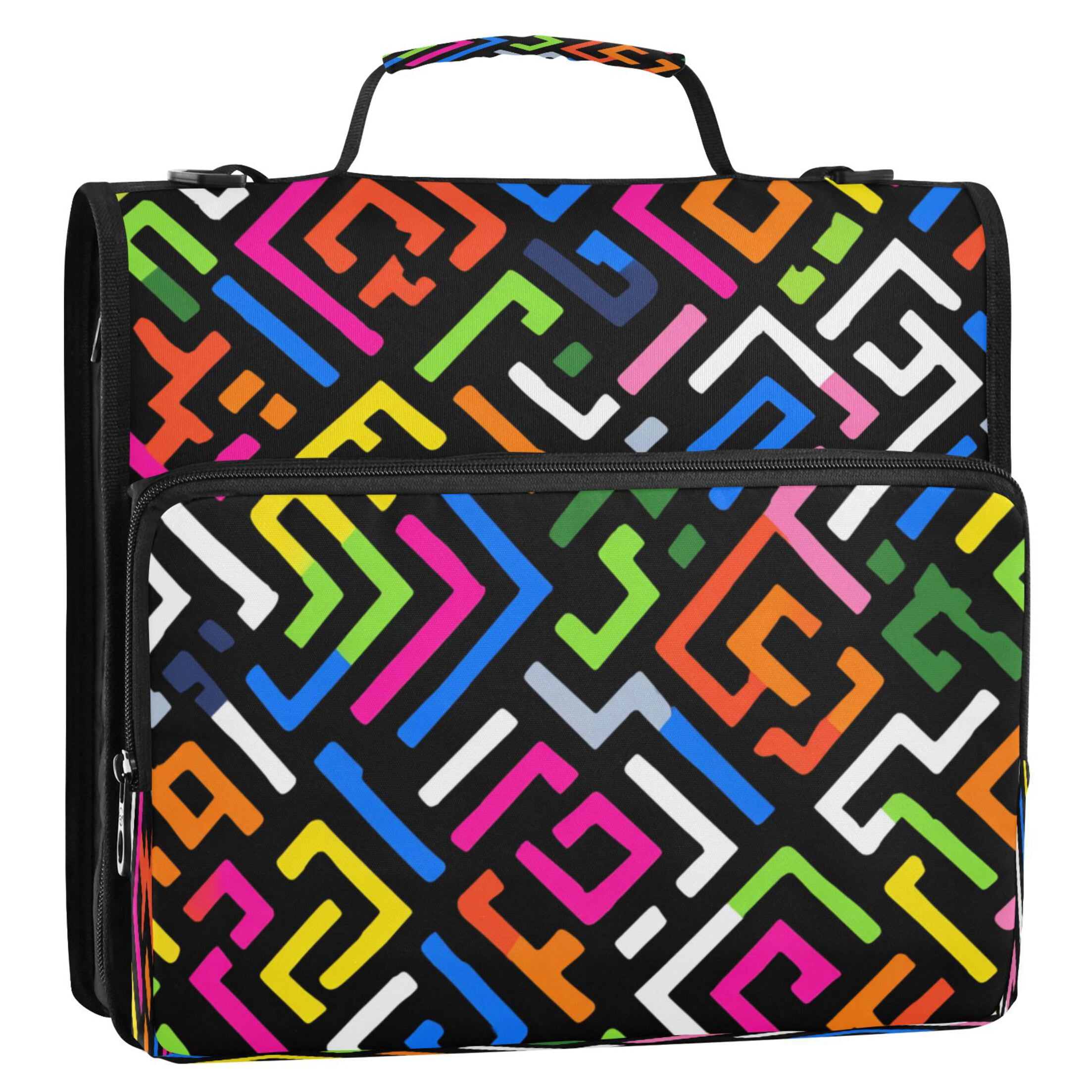 3 Ring Zipper Binder Stationery Organizer for Study Work Home Travel, All-Purpose File Folder Storage Bag for Daily Document Organization Multicolor Geometric Puzzle
