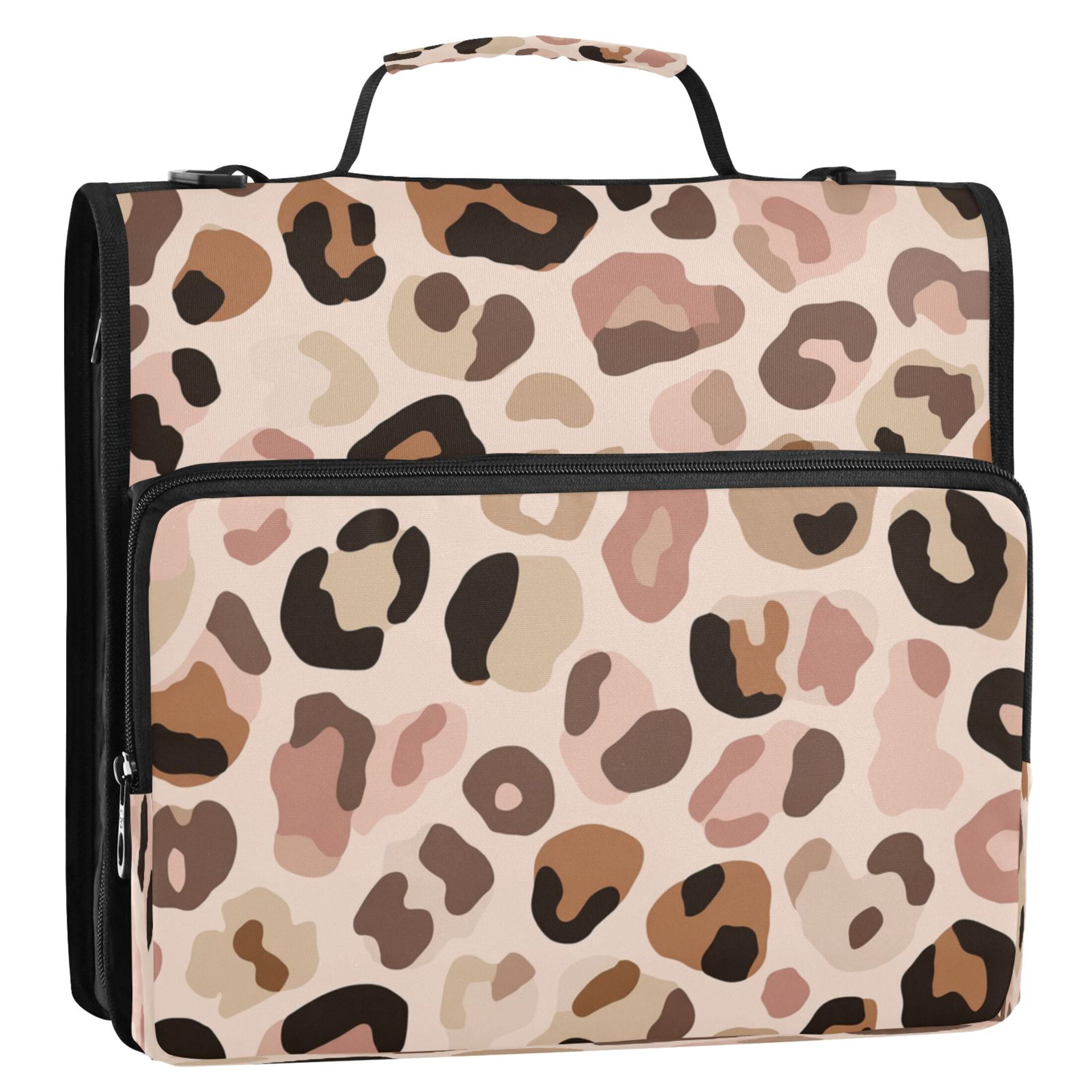 3 Ring Zipper Binder Stationery Organizer for Study Work Home Travel, All-Purpose File Folder Storage Bag for Daily Document Organization Natural Tone Leopard Print